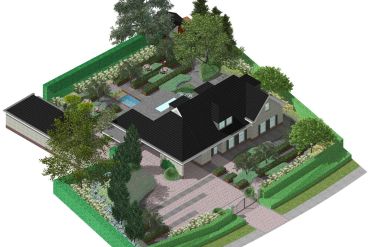  3D tuinontwerp : combinatie van strakke belijning met organische vormen. Planines, gebakken klinkers, keramische tegels, cortenstaal... inclusief strakke tuinvijver - Bergeijk