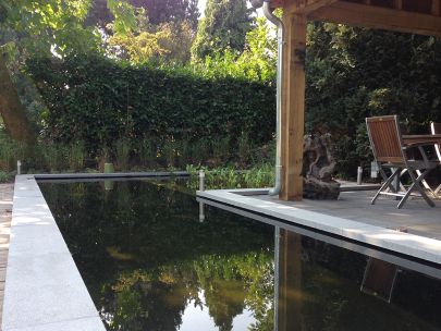 Aangelegde tuin met oudhollandse klinkers en betonmaterialen met zwemvijver en overdekt terras - Neerpelt